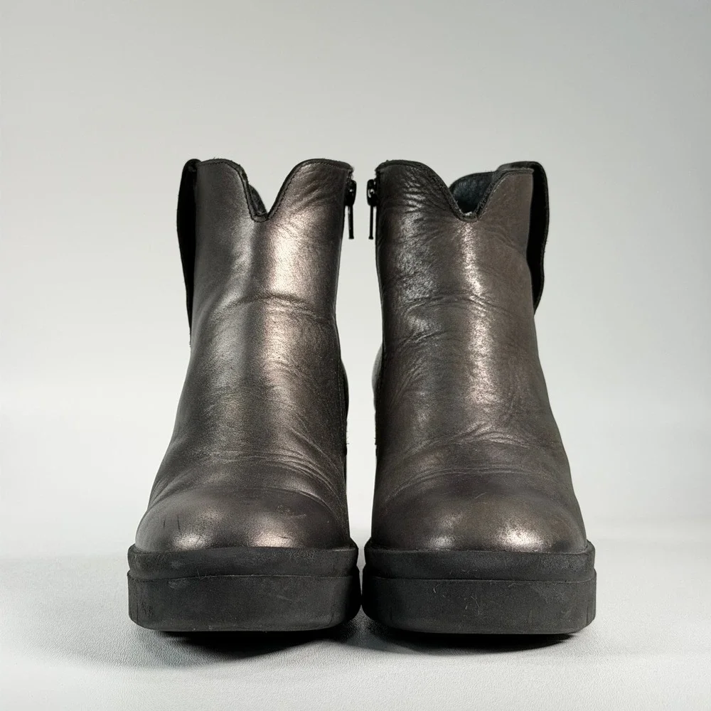 Fly London Tetly Platform Ankle Boots Womens 38 Pewter Metallic Leather Wedge